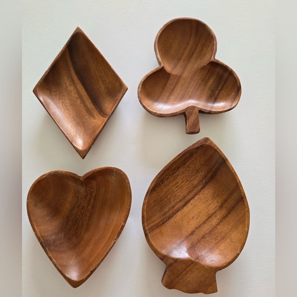Vintage Wood Card Suit Snack Bowls Set – Heart, Diamond, Club & Spade